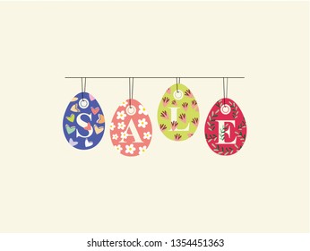 Happy Easter with Eggs on the hanger. Easter Eggs Colorful Vector Logo. Discount Easter Day for sale. Templates for Happy Easter, Background, Greeting Cards, Invitations.