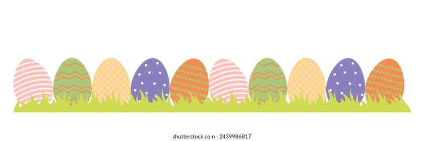 Happy Easter eggs on lawn banner. Colorful easter horizontal background easter hunt.