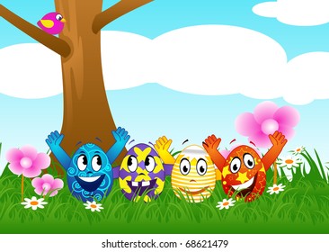 Happy Easter eggs on a lawn