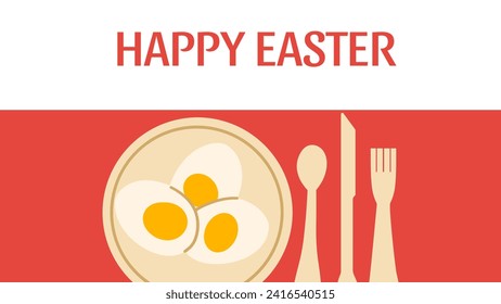 Felices Huevos de Pascua en plato con 
tenedor, cuchara y cuchillo