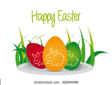 Happy Easter Eggs On Plate With Grass