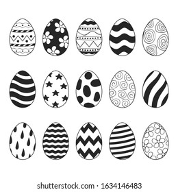 Happy Easter eggs outlines and silhouettes with different pattern. Vector isolated spring holiday icons. 