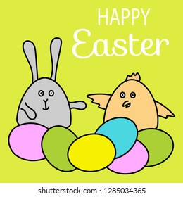 Happy Easter, eggs painted,  rabbit, chicken, easter celebration . Vector