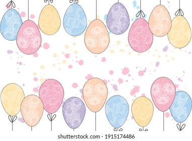 Happy Easter eggs in pastel colors on a white background template. Can be used for greeting cards, ads, wallpapers, flyers, invitations, posters, brochures. 