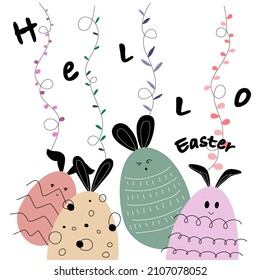 Happy Easter with eggs patterns and cute bunnies Designed in doodle and abstract style for card patterns, posters, banners, covers, printed fabrics, pillow patterns, frames and more.
