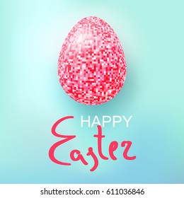 Happy Easter Eggs pink glitter on a blue. Easter banner background template with pink glitter egg. Vector illustration. EPS10.