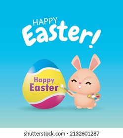 Happy Easter eggs poster, easter hunt, Little Rabbit Bunny cartoon with greeting card, Easter day festival background banner template isolated vector illustration.