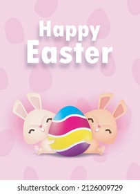 Happy Easter eggs poster, Little Rabbit Bunny cartoon with greeting card. Easter day festival background banner template isolated vector illustration