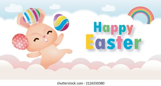 Happy Easter eggs poster, Little Rabbit Bunny cartoon with greeting card. Easter day festival background banner template isolated vector illustration