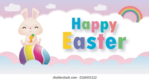 Happy Easter eggs poster, Little Rabbit Bunny cartoon with greeting card. Easter day festival background banner template isolated vector illustration