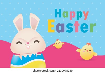 Happy Easter eggs poster, Little Rabbit Bunny cartoon with greeting card. Easter day festival background banner template isolated vector illustration