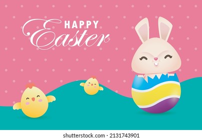Afiche de huevos de Pascua Feliz, caricatura de conejo pequeño con tarjeta de saludo. Plantilla de banner de fondo del festival de Pascua de Pascua ilustraciones vectoriales aisladas