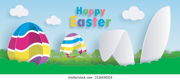 Feliz Huevos de Pascua al estilo de arte de papel. Pequeño diseño de corte de papel de historieta conejo con tarjeta de saludo. Plantilla de banner de fondo del festival de Pascua de Pascua ilustraciones vectoriales aisladas