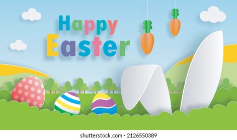 Feliz Huevos de Pascua al estilo de arte de papel. Pequeño diseño de corte de papel de historieta conejo con tarjeta de saludo. Plantilla de banner de fondo del festival de Pascua de Pascua ilustraciones vectoriales aisladas