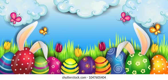 Happy Easter With Eggs And Rabbit Ears With Clouds on Blue Sky-With Space to Insert Your Text-transparency blending effects and gradient mesh-EPS 10