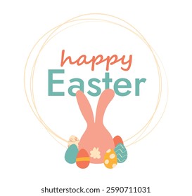 Happy Easter, Eggs, Rabbit in round linear frame. Greeting card with text, Children poster. Cute Bunny sits with his back next to colored elements. Isolated decor. Spring holiday. Vector illustration