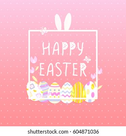 Happy Easter With eggs, Rabbit. Square poster. Vector illustration templte. Wallpaper, flyers, brochure,voucher