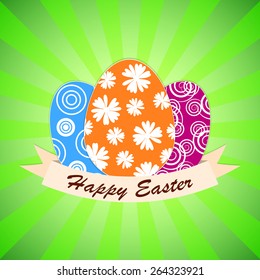 Happy easter with eggs and ribbon on green with light ray backgrounds (vector)