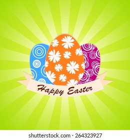 Happy easter with eggs and ribbon on green with light ray backgrounds (vector)