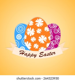 Happy easter with eggs and ribbon on summer orange backgrounds (vector)