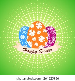 Happy easter with eggs and ribbon on polka dots pattern backgrounds (vector)