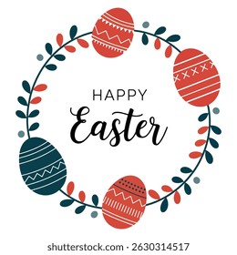 Happy Easter eggs in a round frame with a contour wreath of holiday elements. Doodle style vector illustration ideal for greeting cards, children posters, and spring decor. 