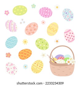 Happy Easter eggs set. Eggs in basket. Vector cartoon flat illustration.