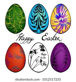 Happy Easter and easter eggs. set of colorful easter eggs decorated stripes, dots and flowers, flat vector icon.Vector set of realistic happy easter eggs isolated. Six glossy  eggs set