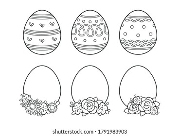 Happy easter eggs set coloring page. Black and white cartoon illustration
