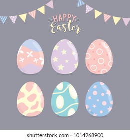 Happy Easter eggs set with different texture on purple pastel background.