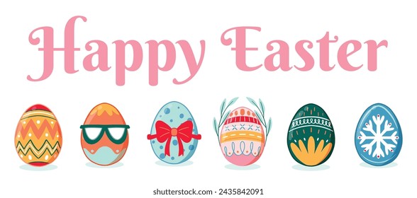 Happy Easter eggs set in green orange and pink color. Holiday easter clip art for cards, invitations, tags and postcards.