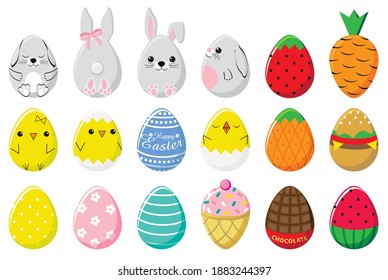 Happy easter eggs set. Traditional design and design of faces chick, bunny, ice cream and chocolate. Vector illustration