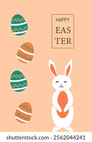 Happy easter with easter eggs and smiling bunny on peach background. Easter abstract modern geometry card.
