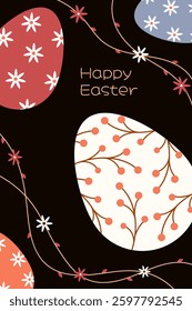 Happy Easter. Eggs with spring flowers pattern. Greeting card, poster, banner. Vector illustration