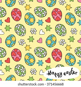 Happy easter. Easter eggs. Stars, hearts and flowers, daisies. Vector seamless pattern (background).
