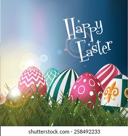 Happy Easter eggs at sunrise background royalty free EPS 10 vector illustration for greeting card, ad, promotion, poster, flier, blog, article, social media, marketing, signage, web page, wallpaper