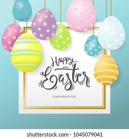Happy easter eggs sweet and kid design background. Vector illustration. Design layout for invitation, card, menu, flyer, banner, poster, voucher, sale promotion.