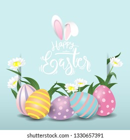 Happy easter eggs sweet and kid design background. Vector illustration. Design layout for invitation, card, menu, flyer, banner, poster, voucher, sale promotion.