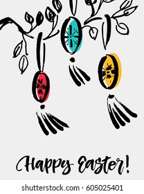 Happy Easter. Eggs tree ink drawn with hand written greeting message.