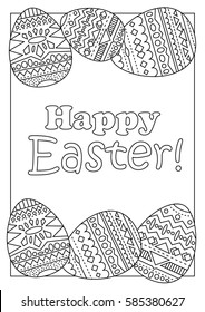 Happy Easter eggs with tribal ornament vector coloring page for adults. Easter handmade postcard with chicken eggs and greeting. Ethnic ornament on Easter eggs. Easter coloring book vertical cover
