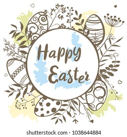 Happy Easter. Easter eggs, twigs, wild grasses and flowers.
