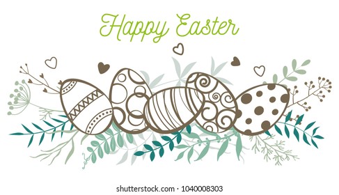 Happy Easter. Easter eggs, twigs, wild grasses and flowers.