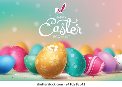 Happy easter eggs vector design. Eater eggs hunt greeting card with colorful cute eggs elements for seasonal celebration design. Vector illustration easter greeting card.