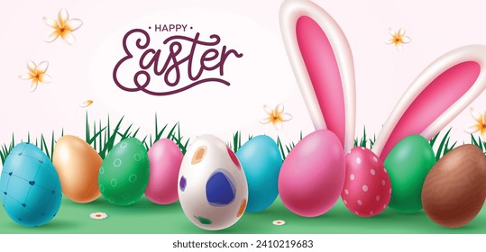 Feliz diseño vectorial de huevos de Pascua. Feliz tarjeta de felicitación de texto de Pascua con orejas conejitas y coloridos huevos impresos para niños fondo de celebración de caza de huevos. Vector ilustración tarjeta de felicitación de vacaciones de Semana Santa. 
