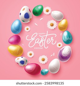 Happy easter eggs vector design. Happy easter greeting text in pink space with colorful, printed and glossy eggs for kids fun hunt decoration elements. Vector illustration easter greeting card. 
