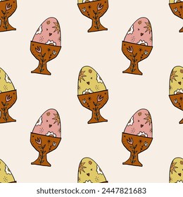 Happy Easter eggs wallpaper trendy cute seamless pattern, spring holiday abstract elements. Good for cards, flyer, leaflet, product label, social networks and more. Boho doodle characters wrapping