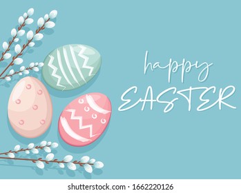 Happy Easter eggs with white catkins decorations. Vibrant colors with blue background
