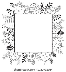 Happy Easter eggs with white frame and ornate eggs on white background 