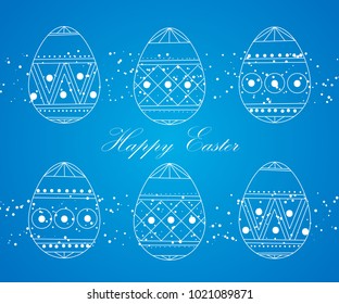 Happy Easter Eggs white on a blue. Easter banner background template with white contour eggs. Vector illustration.