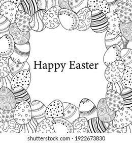 Happy Easter eggs with white square frame and ornate eggs on white background